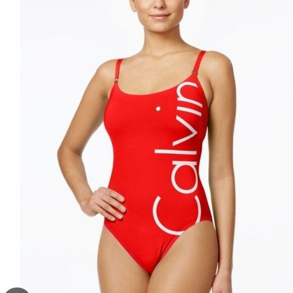 Calvin Klein Red One Piece Swimsuit Scoop Neckline - Picture 1 of 10